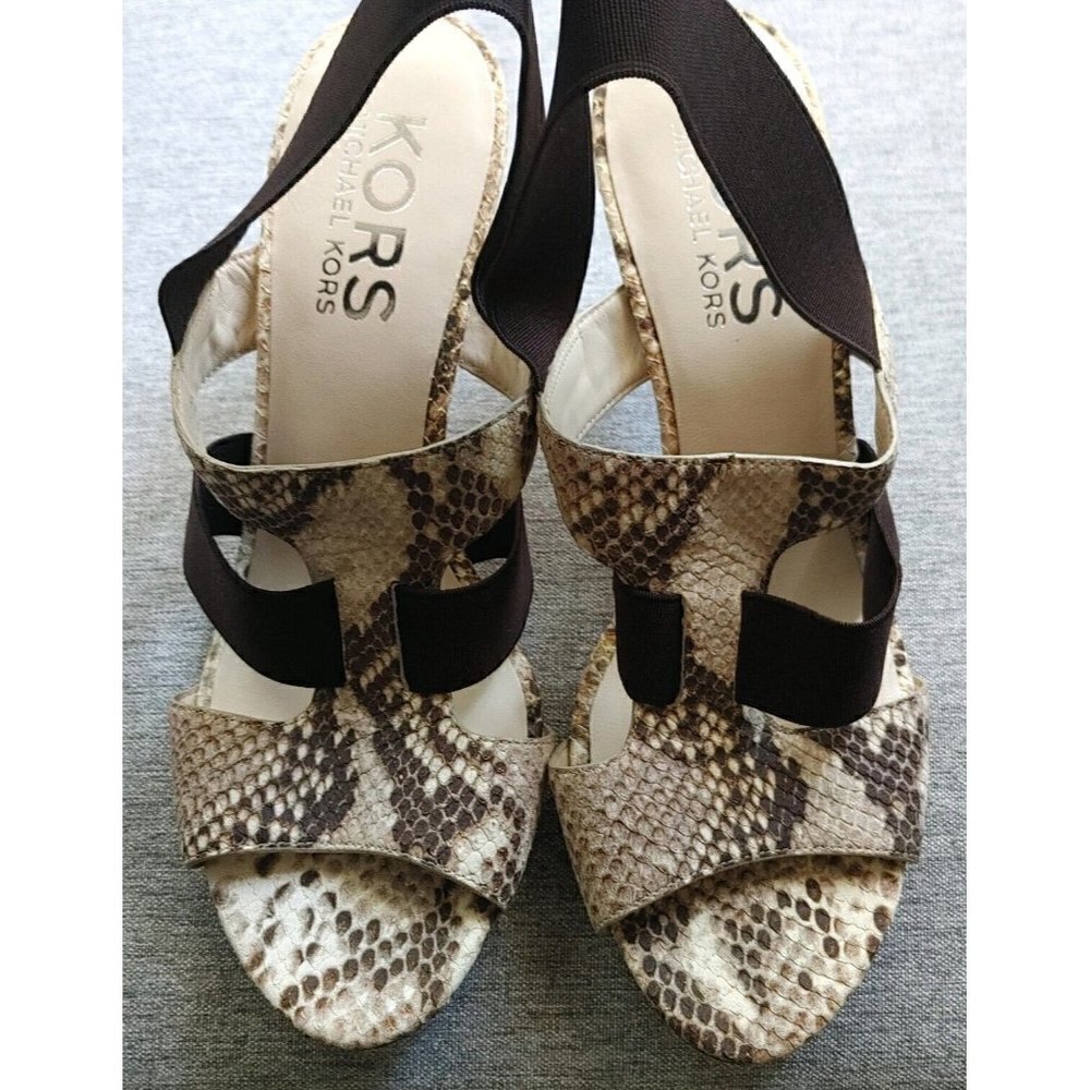 Michael Kors Brown and Tan Leather Snakeskin Print Open Toe Strappy Heels Size 9 - Picture 9 of 10